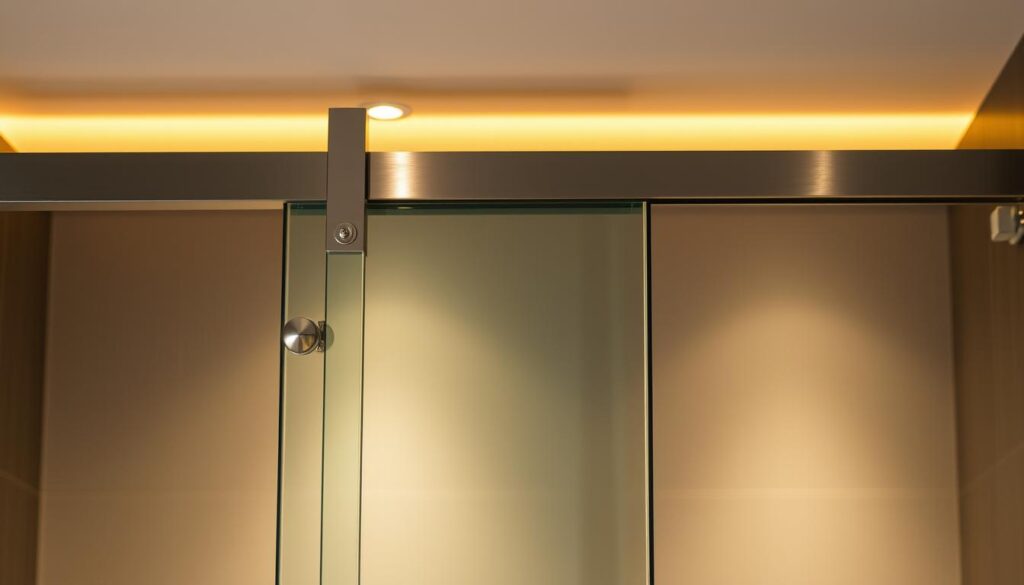 A sleek, modern glass sliding door system with brushed stainless steel hardware. The door glides effortlessly on a hidden track, the soft-close mechanism gently pulling it into place. Elegant, rounded door handles in a matching finish provide a premium tactile experience. Precisely engineered hinges and rollers ensure smooth, quiet operation. Attention to detail is evident in the seamless integration of the hardware with the glass panels, creating a cohesive, high-end aesthetic. Warm, indirect lighting casts a gentle glow, highlighting the quality craftsmanship. The overall scene conveys a sense of luxurious functionality, perfectly suited for a contemporary bathroom interior.