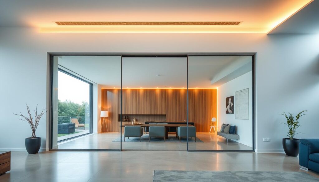 A sleek, modern interior wall with a sliding glass door system that seamlessly blends form and function. The frameless, full-height glass panels glide effortlessly on a discreet overhead track, creating an expansive, open feel. Warm, indirect lighting casts a soft glow, highlighting the clean lines and premium materials. The installation is flush with the wall, maintaining a minimalist aesthetic that elevates the space. The sliding door operates with precision, offering a practical and visually striking solution for a stylish, open-concept living area.