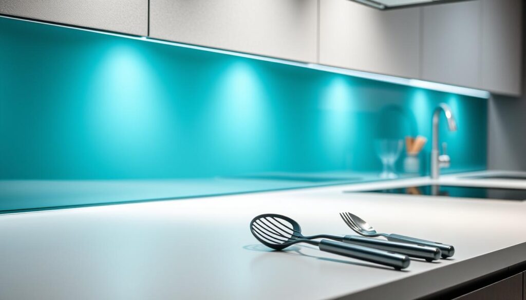 A sleek, modern kitchen countertop with a vibrant, tempered glass backsplash that effortlessly shields against splashes and splatters. The glass surface gleams under soft, diffused lighting, its crystalline clarity showcasing the elegant lines and thoughtful design. In the foreground, a set of kitchen utensils rests neatly, hinting at the seamless, efficient workflow. The background fades into a minimalist, gray-toned interior, allowing the backsplash to take center stage as the star of the scene. The overall atmosphere conveys a sense of sophisticated functionality, perfectly suited for the "Service, Beratung und Kontakt" section of the article.