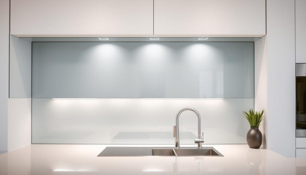A sleek, modern kitchen interior with a glass splash guard (spritzschutz) covering the hob and sink area. The glass panel is frameless and seamlessly integrated into the clean, minimalist countertop design. Soft, diffused lighting illuminates the kitchen, creating a warm and inviting atmosphere. The glass surface reflects the surrounding cabinetry and appliances, adding depth and visual interest to the scene. The overall composition emphasizes the functionality and elegant aesthetic of the glass splash guard, highlighting its practical and design-forward role in the kitchen.