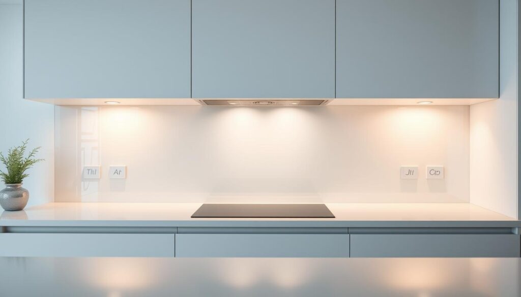 A sleek, modern kitchen interior with a seamless glass backsplash, illuminated by soft, warm lighting. The backsplash, or "Küchenrückwand," is a central focal point, its surface reflecting the clean lines and minimalist aesthetic of the kitchen design. The glass is free of any visible seams or joints, creating a unified, cohesive appearance. The lighting, positioned strategically, enhances the depth and texture of the glass, casting subtle shadows and highlights that add depth and visual interest. The overall scene conveys a sense of refinement, practicality, and attention to detail, perfectly suited for the "Formate, Küchenrückwand und Wunschmaß" section of the article.