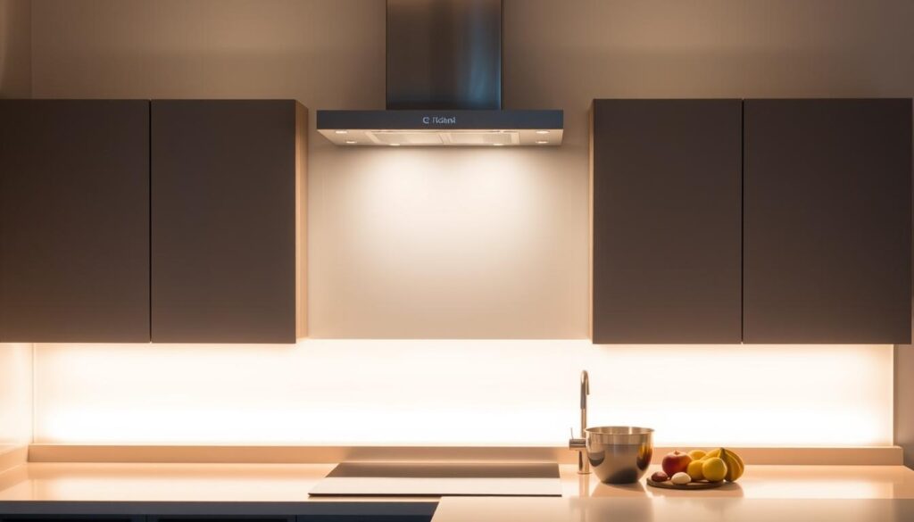 A sleek, modern kitchen with a backlit glass backsplash that emanates a warm, ambient glow. The LED lighting illuminates the glass surface, casting a soft, even light across the space. The backsplash appears seamless, with the light subtly highlighting the transparent material. The kitchen countertops and cabinetry are minimalist in design, allowing the backlit glass to be the focal point. The lighting creates a cozy, inviting atmosphere, perfect for food preparation and casual dining. The image captures the essence of the "Mehr Licht in der Küche: LED-beleuchtete Glasrückwände" section, showcasing how effective lighting can enhance the functionality and aesthetic of a kitchen.