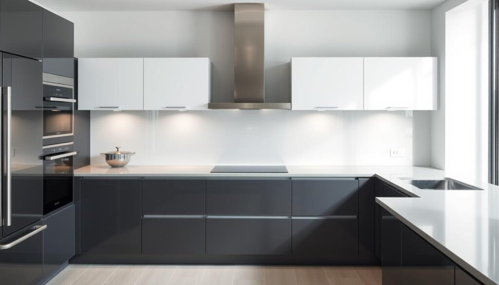 A sleek, modern kitchen with a clean, seamless spritzschutz surface covering the backsplash area. The spritzschutz is made of a durable, easy-to-clean material like tempered glass or stainless steel, with a minimalist, frameless design that blends seamlessly with the kitchen's aesthetic. The lighting is bright and even, highlighting the smooth, reflective surface of the spritzschutz and the surrounding countertops and cabinetry. The kitchen appears spacious and well-organized, with a sense of openness and functionality. The mood is one of contemporary, low-maintenance sophistication, showcasing the spritzschutz as a practical and stylish alternative to traditional tiled backsplashes.