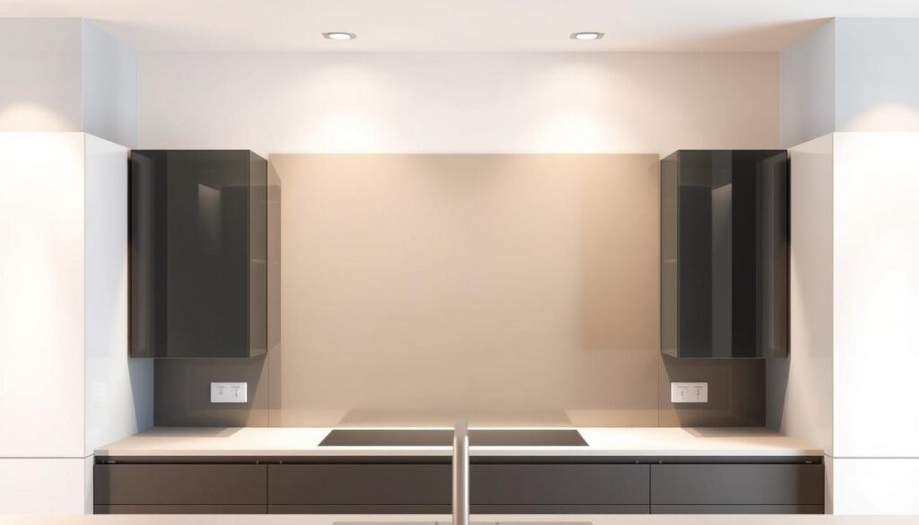 A sleek, modern kitchen with a glass Spritzschutz (splashback) mounted on the wall above the countertop. The glass has a semi-matte finish, slightly tinted in a subtle shade of grey to complement the neutral color palette of the kitchen. The Spritzschutz extends the full width of the countertop, providing ample protection from water and grease splatter. Soft, diffused lighting from overhead fixtures casts a warm glow, highlighting the clean lines and minimalist design of the kitchen. The Spritzschutz is flanked by a pair of tall, built-in cabinets, their doors made of a matching glass material. The overall scene conveys a sense of understated elegance and functionality, perfectly suited for the "Spritzschutz vs. Küchenrückwand: Was passt zu Ihrer Küche?" section of the article.