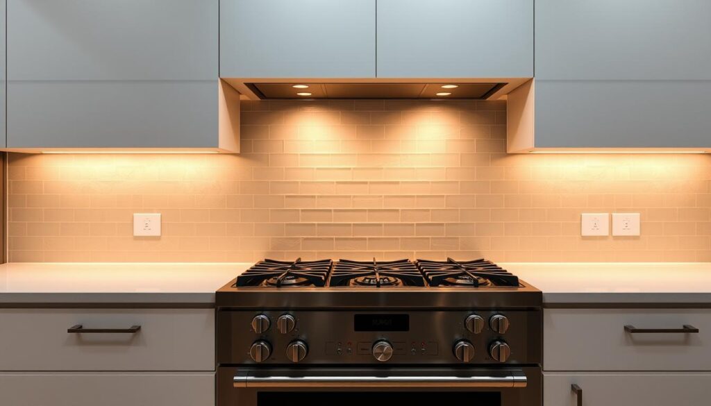 A sleek, modern kitchen with a luminous glass backsplash that seamlessly integrates form and function. The glass panels reflect the warm, ambient lighting, creating a soft, inviting glow that illuminates the pristine white cabinetry and gleaming countertops. The transparent surface offers a clear view of the tiled wall behind, adding depth and visual interest to the space. Subtle textures and natural patterns in the glass create a captivating, abstract backdrop that complements the minimalist design. A professional-grade stove and oven sit prominently in the foreground, hinting at the culinary possibilities within this elegant, streamlined kitchen.