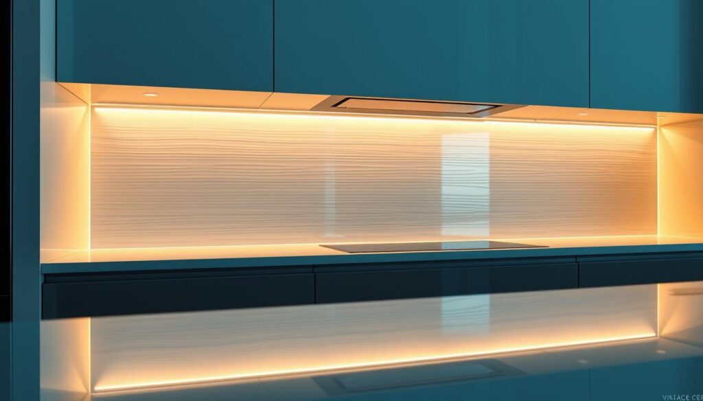 A sleek, modern kitchen with a seamless glass backsplash reflecting the soft, warm lighting from overhead. The glass surface is pristine, free of grout lines or visible seams, creating a clean, futuristic aesthetic. The backsplash has a slight glossy finish, effortlessly accentuating the chiaroscuro interplay of light and shadow. Subtle distortion and refraction in the glass create a mesmerizing, almost ethereal effect, evoking a sense of depth and movement. The entire scene exudes a sense of durability, longevity, and low-maintenance, perfectly capturing the key advantages of a glass kitchen backsplash.