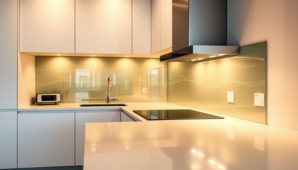A sleek, modern kitchen with a stunning glass backsplash, capturing the essence of "Glasrückwand Küche". The glass surface reflects the warm, indirect lighting, creating a mesmerizing interplay of light and shadow. The backsplash extends from the countertop to the ceiling, seamlessly blending with the clean, minimalist cabinetry. The kitchen is bathed in a soft, ambient glow, evoking a sense of serenity and sophistication. The high-quality glass panels are flawlessly integrated, showcasing their versatility and durability as a design element. This image perfectly illustrates the beauty and functionality of a customizable glass backsplash for the modern kitchen.