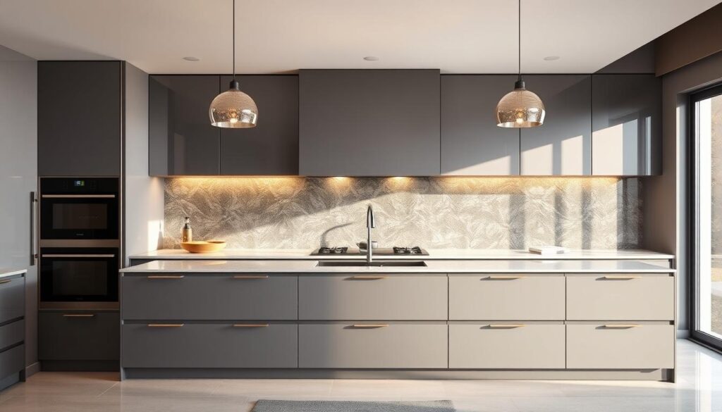 A sleek, modern kitchen with a stunning glass backsplash that reflects the warm, natural light flooding the space. The glass surface shimmers, creating a sense of depth and luminance that elevates the entire room. Crisp, clean lines and minimalist cabinetry allow the glass to take center stage, providing a seamless, high-end aesthetic. Subtle gray tones and muted wood accents create a harmonious, sophisticated palette, while strategically placed pendant lights cast a gentle, even glow across the gleaming glass. The overall effect is one of sophistication, luxury, and a kitchen design that truly pushes the boundaries of what's possible.