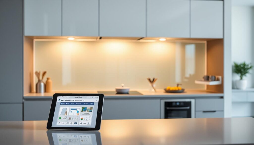A sleek, modern kitchen with a tempered glass backsplash that can be easily customized online. The glass panel reflects the warm, indirect lighting, creating a soft, ambient glow. In the foreground, a tablet or laptop displays the Glastürhop24 online configurator, allowing the user to select the perfect size, color, and design for their kitchen. The middle ground features a kitchen countertop, appliances, and other household items, suggesting the seamless integration of the custom glass backsplash. The background showcases a minimalist, open-concept kitchen layout, emphasizing the versatility and visual appeal of the "Rückwand Konfigurator" solution.