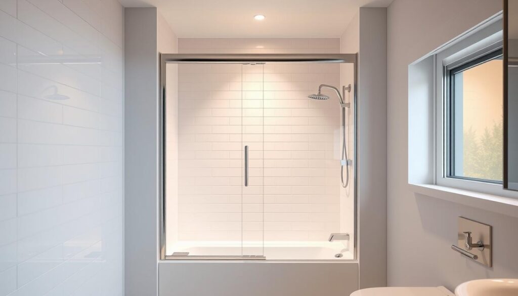 A sleek, modern nischen duschkabine set against a bright, minimalist bathroom interior. The semi-frameless glass enclosure is accented with clean lines and a chrome finish, creating a seamless, high-end aesthetic. Soft, directional lighting from above casts a warm, inviting glow, highlighting the translucent glass panels and lending a sense of spaciousness to the small, built-in alcove. The duschkabine is positioned to maximize the available floor space, its compact design perfectly suited for the tight, compact installation scenario. Crisp, white tiles and understated fixtures complete the contemporary, spa-like ambiance, showcasing an innovative, space-saving solution for the discerning bathroom.