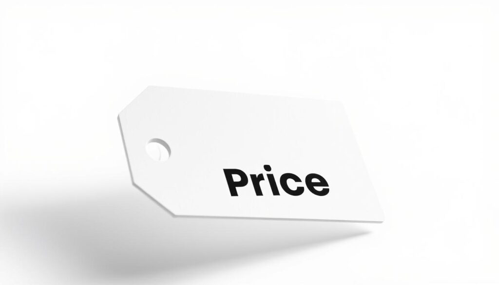 A sleek, modern price tag in a minimalist, high-contrast style. A crisp, white rectangular tag with bold, chunky black numerals and text floating against a clean, bright background. Subtle shadows and slight depth create a sense of dimensionality. The tag is angled slightly, creating a dynamic, attention-grabbing composition. Precise, almost surgical lighting casts sharp shadows that emphasize the tag's form and materiality. The overall aesthetic is elegant, sophisticated, and designed to draw the viewer's eye, reflecting the high-quality, custom nature of the product being showcased.