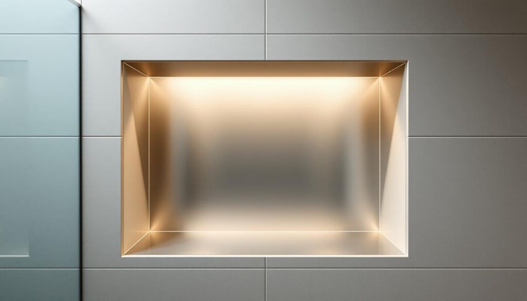 A sleek, modern recessed niche in a minimalist bathroom, its surface gleaming with the brushed finish of high-quality stainless steel. The niche is flush-mounted into the tiled wall, creating a seamless, integrated look. Soft, diffused lighting illuminates the niche from above, casting a warm glow and highlighting the material's depth and texture. The niche is deep enough to accommodate essential shower accessories, with clean lines and a simple, elegant design that complements the surrounding tiles or solid surface material. The overall atmosphere is one of understated luxury, with the stainless steel niche serving as a striking focal point in the serene, spa-like bathroom.