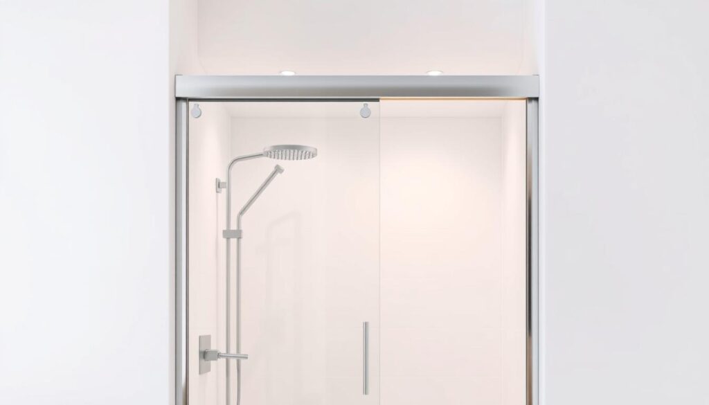A sleek, modern schiebetür (sliding door) made of tempered glass and polished metal, set against a minimalist white bathroom backdrop. The door seamlessly glides open, revealing a spacious 80x80 cm shower enclosure with a frameless glass design. Soft, diffused lighting from overhead fixtures casts a warm, inviting glow, complementing the clean, contemporary aesthetic. The door's subtle handles and hardware are precisely engineered, showcasing the attention to detail. The overall composition highlights the versatility and space-saving benefits of this type of shower solution, perfect for the "duschkabinen 80x80: Formen, Öffnungssysteme und Varianten im Überblick" section.