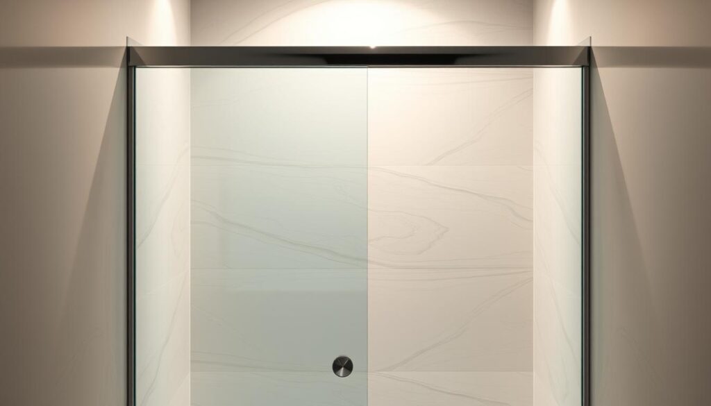 A sleek, modern schiebetür (sliding door) made of tempered glass, seamlessly integrated into a 90x90 cm shower enclosure. The door glides effortlessly on a sturdy, chrome-plated track, creating a seamless and spacious entrance. Soft, indirect lighting casts a warm glow, highlighting the high-quality materials and craftsmanship. The frameless design exudes a sense of minimalism and elegance, perfectly complementing the curvaceous, U-shaped shower layout. Subtle textures and reflections on the glass surface add depth and visual interest, while the overall composition conveys a serene, spa-like atmosphere.