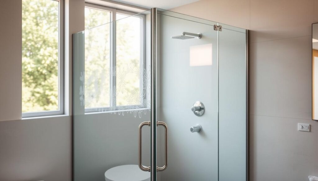 A sleek, modern shower door in a well-lit, spacious bathroom. The glass panel is seamlessly integrated, its clean lines and frameless design creating an airy, minimalist aesthetic. Natural light filters in through large windows, casting a warm glow on the polished chrome fittings and smooth, neutral-toned tiles. The door's configuration is precisely tailored, its dimensions and placement optimized for the room's layout. Subtle textured patterns or etched designs on the glass add a touch of sophistication, while the overall impression is one of elegance, functionality, and attention to detail.
