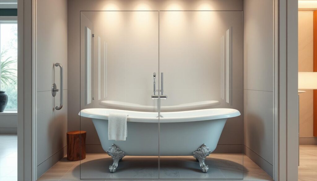 A sleek, modern shower enclosure gracefully adorns a classic clawfoot bathtub, creating a harmonious blend of old and new in this luxurious bathroom setting. The glass panels reflect the warm, ambient lighting, casting a soft, ethereal glow throughout the space. The clean, minimalist design of the enclosure seamlessly integrates with the tub, creating a visually striking and functional centerpiece. The arrangement is complemented by elegant tile work and natural wood accents, conveying a sense of refined elegance and spa-like tranquility. The overall composition captures the essence of a contemporary bathroom sanctuary, where form and function converge to deliver a truly elevated user experience.
