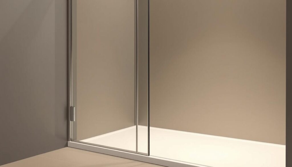 A sleek, modern shower enclosure in a minimalist, Bauhaus-inspired design. The profile color, a warm, muted shade of gray, complements the clean lines and angular geometry of the frame. Precision-engineered sliding doors glide effortlessly along a recessed track, creating a seamless, uninterrupted visual flow. The design features a subtle, brushed metal finish that reflects the surrounding lighting, imbuing the scene with a sense of depth and subtle dynamism. Carefully considered proportions and a modular, customizable structure allow for a perfect, tailored fit within the designated 90x90 cm corner space. The overall impression is one of sleek, functional elegance - a harmonious blend of form and function.
