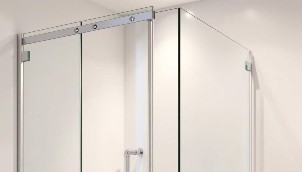 A sleek, modern shower enclosure made of high-quality, crystal-clear safety glass. The glass panels are seamlessly integrated with precision-engineered metal fittings, creating a minimalist, high-end aesthetic. Soft, even lighting illuminates the scene, highlighting the glass's clarity and the metal's lustrous finish. The shower area is spacious, with a slightly angular design that adds visual interest. The overall impression is one of sophistication, durability, and attention to detail - the hallmarks of German engineering and craftsmanship.