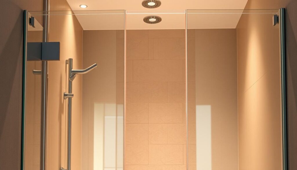 A sleek, modern shower enclosure made of lustrous, translucent polymer panels. The frameless design features seamless glass-like edges, creating an airy, minimalist aesthetic. Warm, diffused lighting emanates from concealed sources, casting a soft, serene glow across the surfaces. The panels are arranged in a clean, geometric configuration, effortlessly blending form and function. Through the semi-transparent material, one can glimpse the tiled bathroom beyond, creating a sense of spaciousness and integration. This contemporary Kunststoff-Duschwand embodies the smart, versatile solution for the modern bathroom.