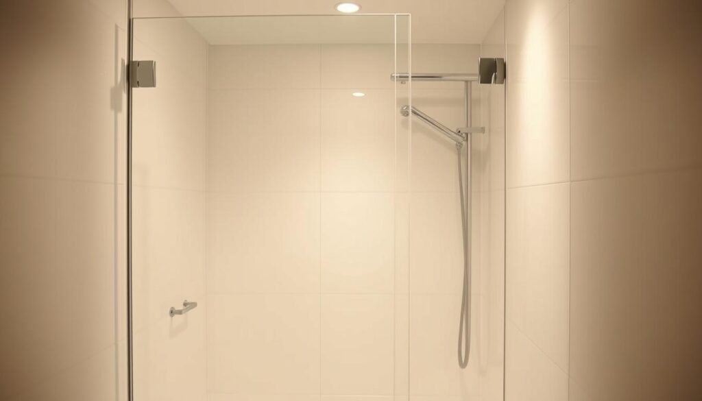 A sleek, modern shower enclosure made of semi-transparent white plastic panels, precisely cut to fit the dimensions of a bathroom. The panels are arranged in a minimalist, modular design, with clean lines and seamless joints, creating a sense of spaciousness and light. The lighting is soft and diffused, casting a warm glow that highlights the material's translucency. The camera angle is slightly elevated, allowing the viewer to appreciate the carefully measured proportions and the attention to detail in the custom-fit construction. The overall atmosphere conveys a feeling of contemporary, functional elegance, perfectly suited for the "Größe und Zuschnitt: Millimetergenau nach Maß statt Standard" section of the article.