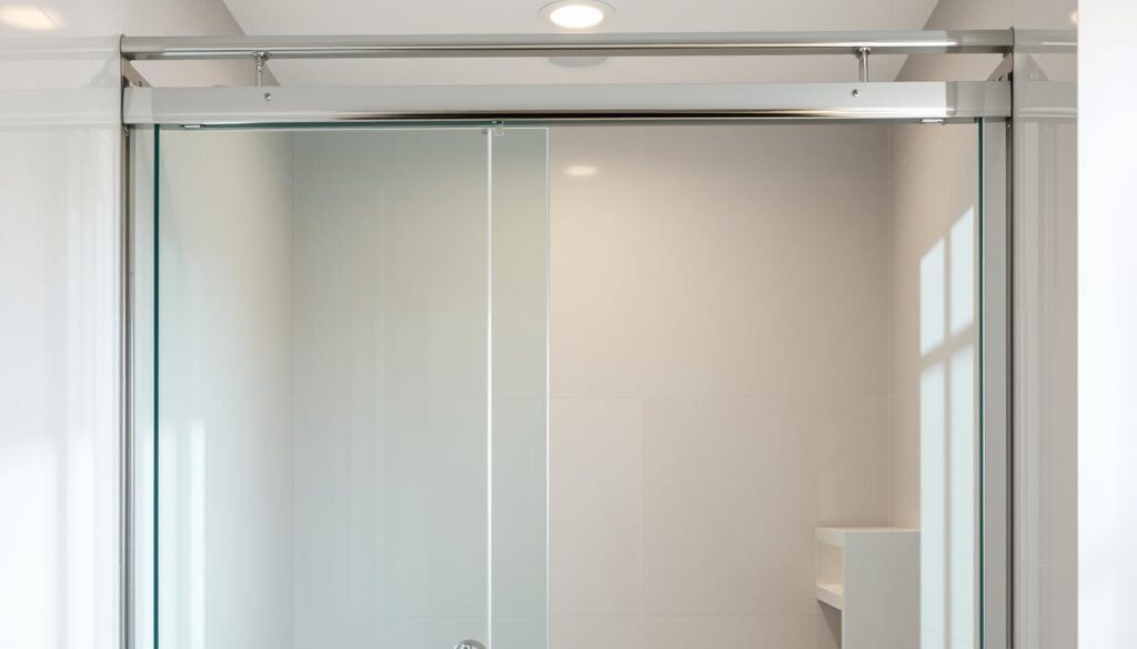 A sleek, modern shower enclosure with a pendant door made of tempered glass panels. The door hangs from a sturdy, chrome-plated frame, creating a seamless, minimalist aesthetic. The glass is crystal clear, allowing natural light to flood the space and provide a sense of openness. The door pivots smoothly on high-quality hinges, gliding effortlessly with a satisfying, dampened motion. The shower interior is tiled in a soothing, neutral palette, complementing the elegant simplicity of the pendant door. Soft, overhead lighting casts a warm glow, accentuating the glass's transparent beauty. The entire ensemble exudes a sense of sophisticated, contemporary style, perfectly suited for a luxurious, spa-like bathroom experience.