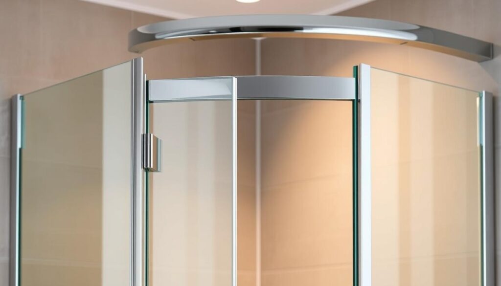 A sleek, modern shower enclosure with a polished chrome profile frame, elegantly framing a tempered glass panel. The profile exudes a sense of quality and precision, its metallic sheen reflecting the warm lighting of the bathroom. The profile seamlessly blends form and function, creating a visually striking yet highly practical design. The image showcases the profile's versatility, working harmoniously with both rectangular and circular shower configurations, allowing for a customized solution to suit any bathroom layout. The overall composition conveys a sense of sophistication and attention to detail, perfectly aligning with the section's focus on the profile's role in enhancing the shower's aesthetic and functionality.