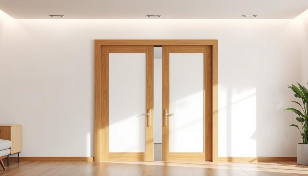 A sleek, modern sliding door set in a bright, airy room. The door frame is crafted from warm, natural wood, contrasting beautifully with the clean white finish. Soft, indirect lighting illuminates the scene, creating a calming, harmonious atmosphere. The door glides effortlessly on hidden tracks, seamlessly integrating into the surrounding architecture. Subtle metal hardware accents add a touch of refinement. The composition highlights the versatility and aesthetic appeal of this "schiebetür komplettset", showcasing its potential to elevate any contemporary living space.