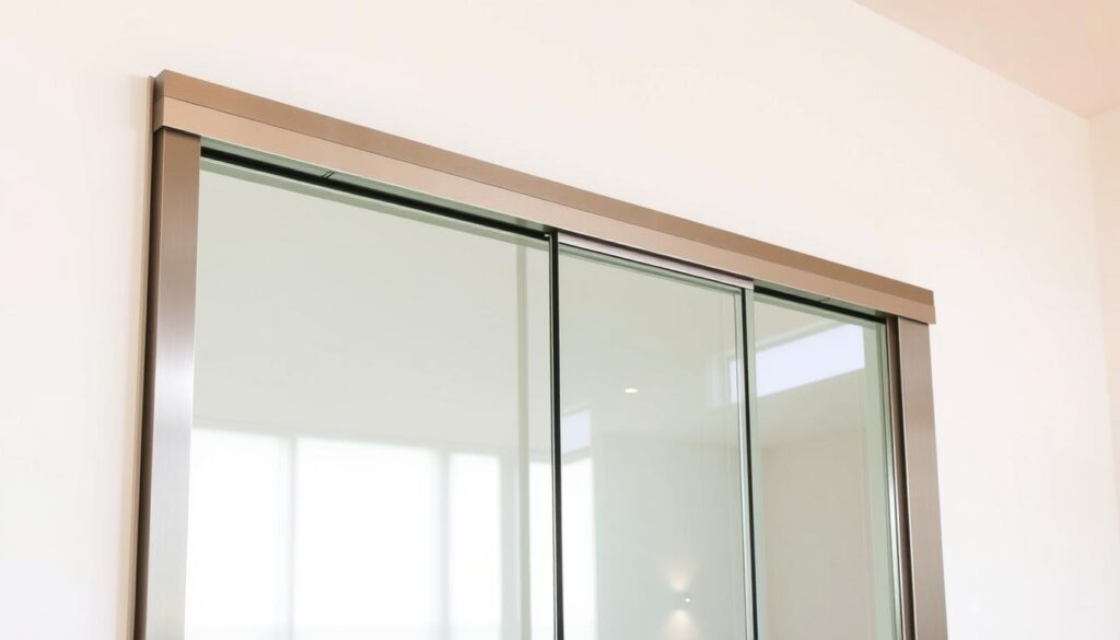 A sleek, modern sliding door system against a minimalist white backdrop. The sliding mechanism is made of brushed aluminum, its clean lines and seamless operation showcasing elegant engineering. The tempered glass panels reflect the lighting, their transparency allowing a clear view of the space beyond. The system is configured to custom dimensions, the modular design offering flexibility in size and layout. Soft shadows accentuate the depth and materiality, while a warm, neutral color palette creates an atmosphere of understated sophistication. Precisely captured at a slight angle to highlight the system's architectural qualities and technical precision.