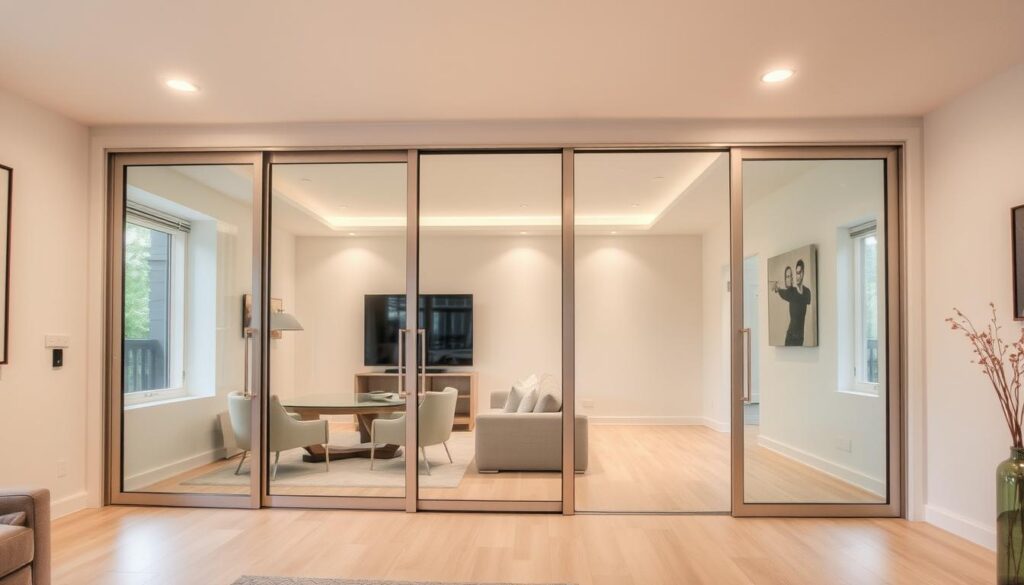 A sleek, modern sliding door system in a bright, airy room. The schiebetürsystem features a smooth, minimalist aluminum frame with tempered glass panels that glide effortlessly on precision-engineered tracks. Soft-close mechanisms ensure a quiet, seamless operation. The system is integrated into the room's architecture, creating a harmonious, unobtrusive transition between spaces. Warm, diffused lighting from recessed fixtures highlights the high-quality materials and craftsmanship. The overall effect is one of elegant functionality, perfectly suited for a sophisticated living room or home office.