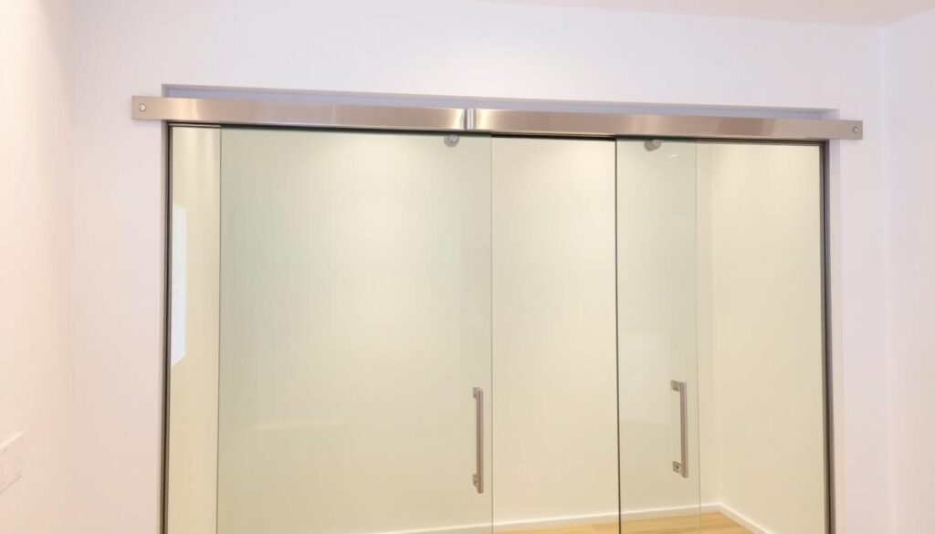 A sleek, modern sliding door system in a well-lit, minimalist interior. The tempered glass panels glide effortlessly on a sturdy, chrome-finished rail, seamlessly integrated into the surrounding white walls. Soft, indirect lighting casts a warm glow, highlighting the clean lines and attention to detail. The hardware, including the handles and floor guides, are crafted with precision, creating a cohesive, high-quality appearance. The entire setup conveys a sense of simplicity and functionality, perfect for a contemporary home or office space.