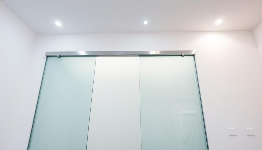 A sleek, modern sliding door system positioned in a well-lit, minimalist interior. The system features smooth, tempered glass panels that glide effortlessly along a concealed track, seamlessly integrating into the wall. The frameless design creates an airy, expansive atmosphere, while the neutral color palette of whites and greys exudes a sense of refined elegance. Soft, diffused lighting from recessed fixtures above casts a warm glow, accentuating the clean lines and seamless transitions of the sliding door mechanism. The camera angle showcases the system's streamlined profile, allowing the viewer to appreciate the innovative engineering and design that enables this "in-wall" sliding door solution.
