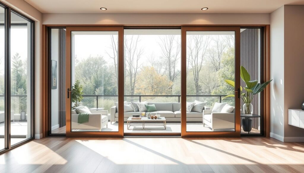 A sleek, modern sliding glass door for a stylish living room. The door features a clean, minimalist frame in a warm, muted metallic finish, seamlessly blending into the surrounding decor. The expansive glass panels allow abundant natural light to flood the space, creating a bright, airy ambiance. The sliding mechanism operates smoothly, effortlessly transitioning between open and closed positions. Warm, diffused lighting from discreet fixtures highlights the elegant simplicity of the design. A sophisticated, understated aesthetic that seamlessly integrates functionality and aesthetic appeal, elevating the living room experience.