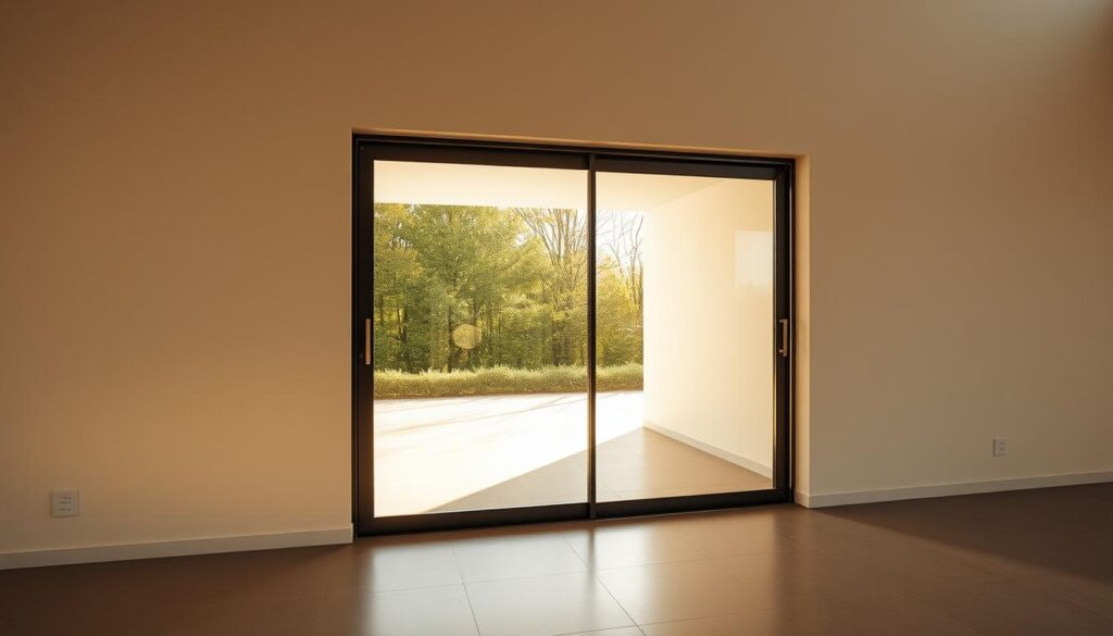 A sleek, modern sliding glass door seamlessly integrated into a minimalist wall, bathed in warm, natural lighting. The door glides effortlessly along a concealed track, creating a harmonious flow between interior and exterior spaces. The glass panels reflect the surrounding environment, blending the boundaries between indoor and outdoor. Subtle metal hardware accents complement the clean, contemporary aesthetic, while the frameless design maximizes the sense of openness and transparency. The overall composition conveys a refined, sophisticated ambiance, perfectly suited for high-end residential or commercial settings.