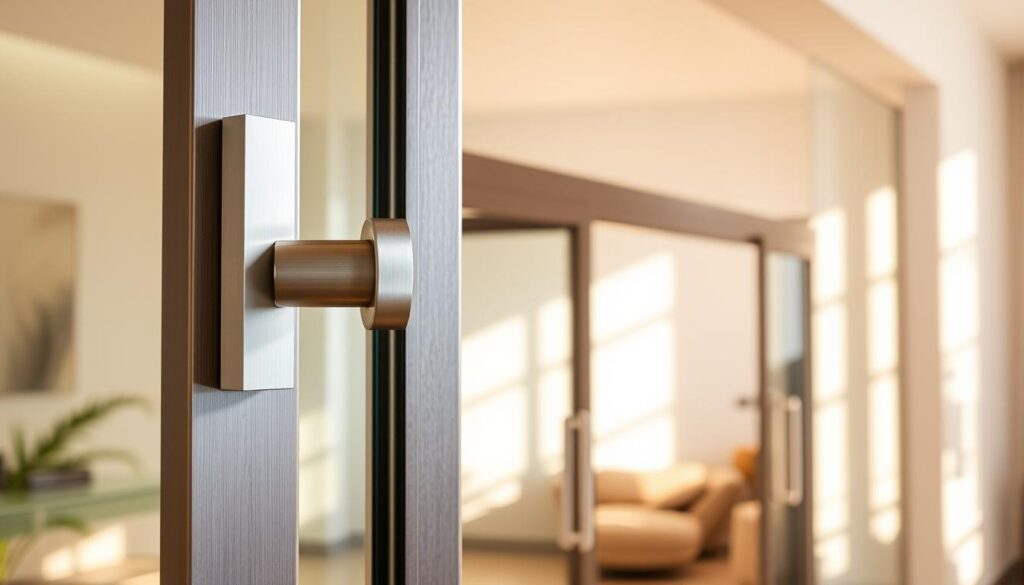 A sleek, modern sliding glass door system with a sophisticated brushed metal hardware set. In the foreground, a close-up view of the sliding door handle and latch mechanism, showcasing its minimalist, ergonomic design and high-quality craftsmanship. In the middle ground, the full sliding door assembly, with a smooth, effortless motion that highlights its advanced engineering. The background features a bright, airy interior space, allowing the door system to seamlessly integrate with the environment. Warm, natural lighting casts subtle shadows, emphasizing the depth and texture of the materials. An atmosphere of refined elegance and technological sophistication pervades the scene.