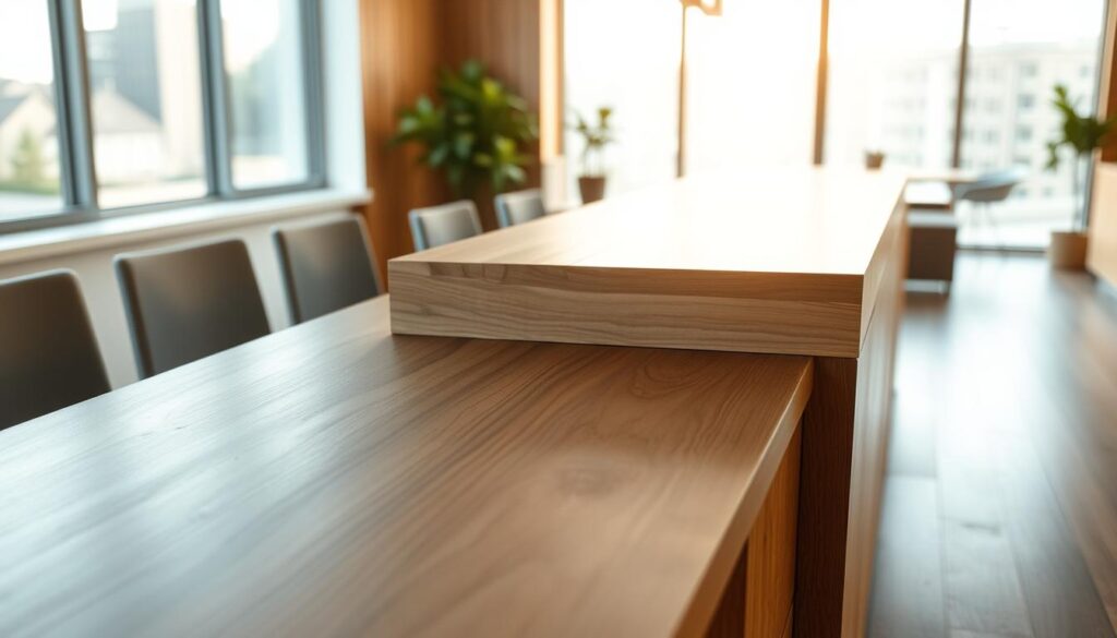 A sleek, modern surface in a minimalist, Scandinavian-inspired design. The surface is crafted from high-quality, smooth wood, with a natural grain texture that adds depth and character. Soft, indirect lighting gently illuminates the surface, creating a warm, inviting atmosphere. The surface is positioned in a well-lit, airy room with large windows, allowing natural light to play across the material. The overall composition exudes a sense of simplicity, elegance, and attention to detail, perfectly complementing the "Design, Oberflächen und Griffe: Ihre individuelle Auswahl" section of the article.