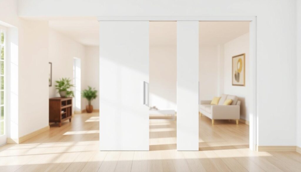 A sleek, modern white sliding door in a well-lit interior, showcasing its clean lines and minimalist design. The door is positioned in the foreground, its smooth surface reflecting the surrounding environment. The middle ground features a spacious, airy room with pale wooden floors and neutral-toned walls, allowing the door to take center stage. The background is softly blurred, drawing the viewer's attention to the door's precise measurements and customizable dimensions, ranging from 80 x 210 cm to 100 x 215 cm. The lighting is natural and diffused, creating a warm, inviting atmosphere that highlights the door's elegant simplicity and versatility in any living space.
