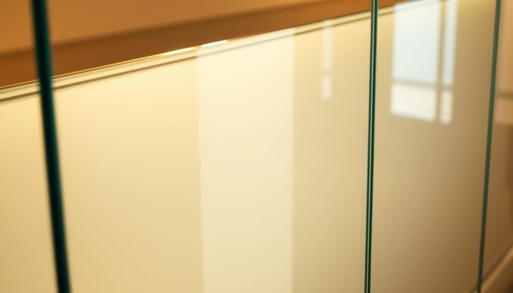 A sleek, tempered glass panel shimmering under warm, diffused lighting, showcasing the durability and clarity of sicherheitsglas. The surface reflects the sophisticated ambiance of a modern, minimalist interior, where the glass panel seamlessly integrates with the surroundings. Smooth curves and clean lines define the panel's elegant form, hinting at the advanced engineering that ensures both safety and style. The glass appears flawless, with a crystalline transparency that invites the viewer to appreciate the quality and craftsmanship. This image embodies the perfect balance of comfort and security, capturing the essence of the "Komfort und Sicherheit: Technik, die begeistert" section.