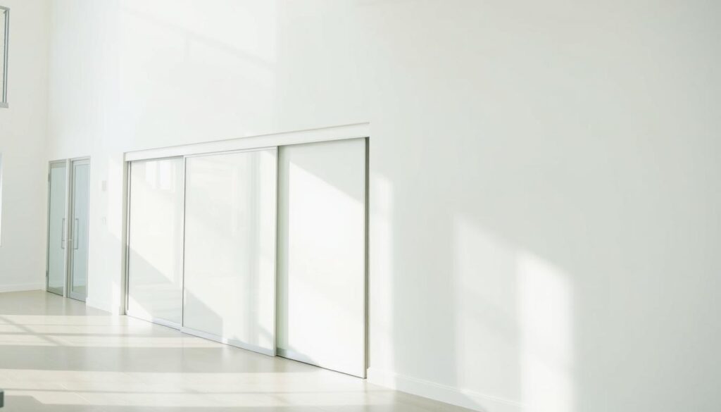 A sliding door wall system running along the wall, with a sleek and modern design. The door panels glide effortlessly, creating a seamless transition between spaces. Bright, natural lighting illuminates the scene, highlighting the clean lines and high-quality materials used. The wall itself has a smooth, minimalist finish, allowing the sliding door to take center stage. The overall atmosphere conveys a sense of elegant functionality, perfectly suited for a contemporary interior setting.