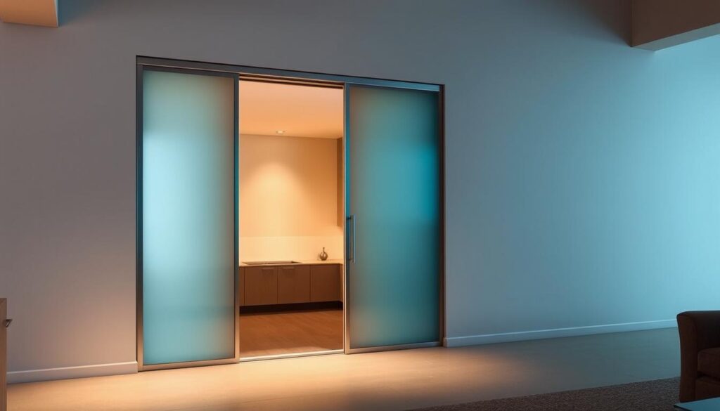 A sliding door wall with a smooth, effortless motion, showcasing a high-quality, minimalist design. The door glides seamlessly along a concealed track, blending seamlessly into the surrounding wall. Soft, diffused lighting casts a warm, inviting glow, highlighting the sleek, frameless glass panels. The installation process is straightforward, with a flush, no-fuss integration, even in drywall construction. This seamless, user-friendly solution elevates the space, creating an elegant, modern aesthetic that seamlessly connects the interior.