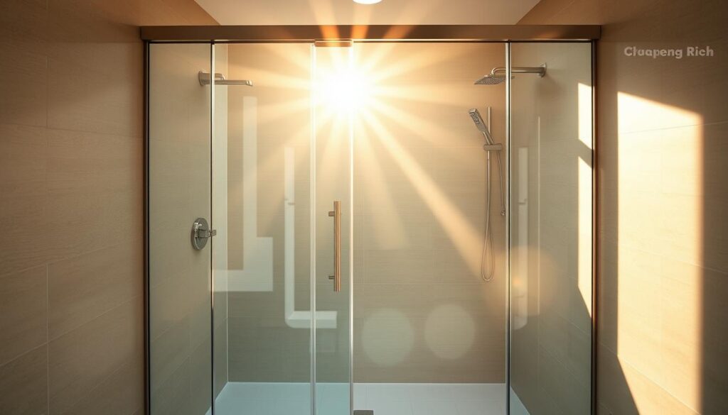 A sliding glass door, known as a "pendeltür", stands elegantly in the center of the frame. The door is made of high-quality, tempered glass that refracts the warm, natural lighting flooding the spacious shower enclosure. The chrome hardware gleams, seamlessly integrating with the minimalist, contemporary design. The door's transparent panels offer an unobstructed view of the tile-lined walls and sleek, modern fixtures, creating a sense of openness and visual flow. Soft shadows cast by the door's frame add depth and dimension to the composition. The overall scene exudes a serene, spa-like atmosphere, perfectly suited for the "Duschtür: Die passenden Türarten für jede Dusche" section of the article.