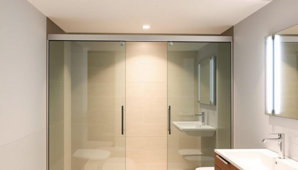 A sliding glass door, known as a "schiebetür" in German, stands elegantly in a modern bathroom setting. The door is made of tempered glass panels that glide smoothly on a discreet metal track, allowing for a seamless and space-saving entrance. Subtle chrome hardware accents the door's sleek design, complementing the minimalist tile and vanity surroundings. Soft, diffused lighting from recessed fixtures casts a warm, inviting glow, highlighting the transparency and clean lines of the schiebetür. The door's placement in the corner of the room creates an open, spa-like atmosphere, inviting the user to step in and enjoy the luxurious shower experience beyond.