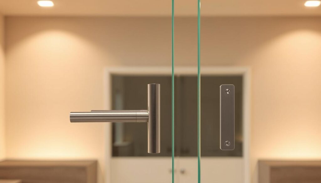 A sophisticated arrangement of high-quality metal fittings, handles, and door frames for a sleek, modern glass entryway. Gleaming chrome or brushed nickel accents against a backdrop of crystalline transparency, illuminated by warm, soft lighting that casts gentle shadows. The components are precisely engineered, with clean lines and a harmonious composition that elevates the overall design. This image showcases the thoughtful, premium details that elevate a glass door installation, creating an impression of elegant functionality.