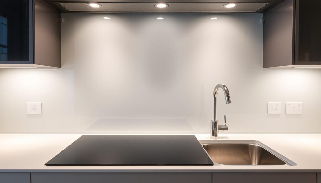 A sophisticated, contemporary glass splashback for a modern kitchen. A sleek, seamless surface of tempered glass, perfectly fitted to the contours of the hob and sink, reflecting the crisp, clean lines of the kitchen cabinetry. Subtle ambient lighting illuminates the glass, creating a soft, warm glow. The glass surface is immaculately clean, free of any scratches or imperfections, showcasing its crystal-clear transparency. Subtle grey tones in the glass complement the neutral palette of the kitchen, while the high-gloss finish adds a touch of elegance. The splashback appears custom-designed, tailored precisely to the kitchen's dimensions for a cohesive, integrated look.