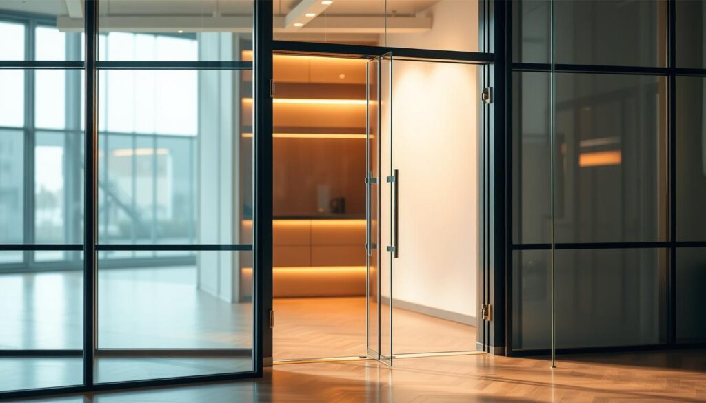 A sophisticated glass door with clean, modern lines, illuminated by warm, natural lighting that casts a soft glow. The glass panel is framed by sleek, minimalist metal accents, creating a harmonious balance of transparency and structure. The scene evokes a sense of elegant simplicity, seamlessly blending industrial and contemporary design elements. The perspective is slightly angled, offering a compelling, three-dimensional view that showcases the door's alluring visual appeal. The overall atmosphere is one of refined sophistication, perfectly suited to enhance the "Glasarten und Designs: Von klarer Eleganz bis Industrial Look" section of the article.