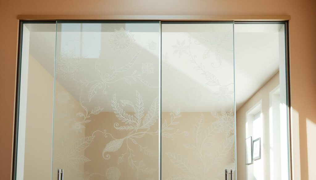 A sophisticated glass sliding door in a bright, airy room. The door's frame is sleek and modern, with clean lines and a minimalist aesthetic. The glass panel is crystal clear, allowing natural light to flood the space. Intricate textures and patterns are etched into the glass, creating a captivating, one-of-a-kind design. The door is positioned against a backdrop of warm, earthy tones, complementing the glass's cool, crisp appearance. Soft, diffused lighting from above casts a subtle glow, accentuating the door's unique features. The composition is balanced, with the glass sliding door as the focal point, seamlessly blending form and function.