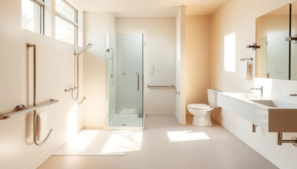 A spacious, accessible bathroom with a walk-in shower and a gently sloping, textured floor for easy wheelchair or walker access. Bright, diffused natural light streams in through large windows, creating a warm, welcoming atmosphere. Sleek, minimalist fixtures and fittings in brushed chrome or white complement the serene, modern aesthetic. A wide, step-free entryway leads into the space, allowing for unobstructed movement. Smooth, non-slip surfaces and thoughtfully placed grab bars provide stability and support. The overall design prioritizes comfort, safety, and universal accessibility, creating a spa-like oasis for all users.