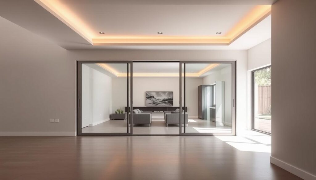 A spacious and bright interior with a sleek, modern sliding door system taking center stage. The tempered glass panels glide effortlessly along a discreet track, seamlessly integrating form and function. Warm, indirect lighting casts a soft glow, highlighting the clean lines and minimalist design. Subtle metal accents add a touch of sophistication, while the overall composition conveys a sense of effortless elegance. The sliding door opens to reveal a well-appointed living space, beckoning the viewer to explore the seamless transition between indoor and outdoor environments.