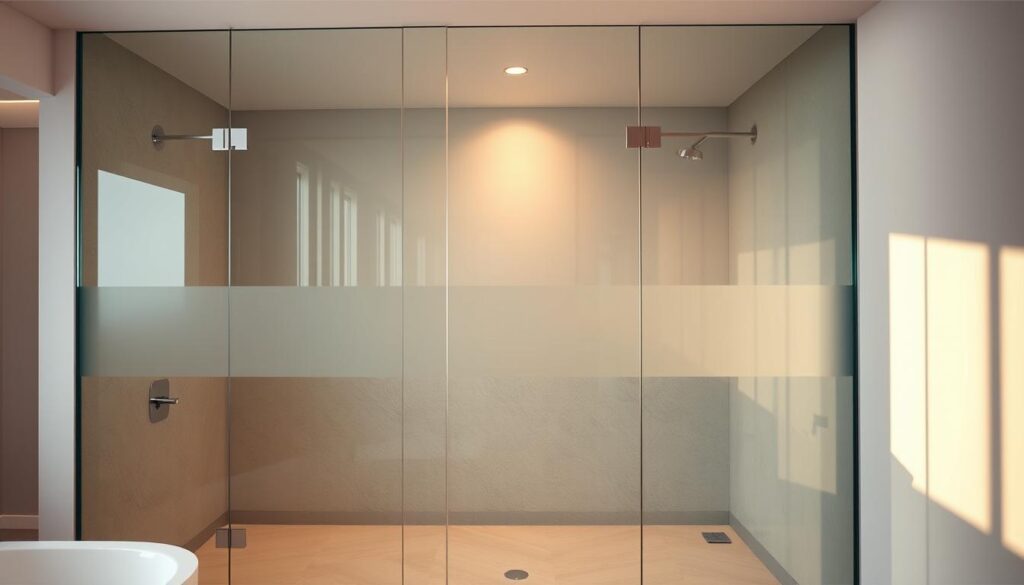 A spacious and modern walk-in shower enclosure with a sleek, frameless glass wall. The glass panels are made of high-quality tempered glass with a clean, minimalist design. The glass has a slight tint, creating a soft, natural lighting effect that enhances the serene atmosphere. The layout features an open, seamless transition between the shower area and the rest of the bathroom, creating a harmonious and spa-like ambiance. The glass panels are supported by discreet, modern metal hardware that blends seamlessly into the design. The lighting is warm and indirect, casting a gentle glow on the glass surfaces. The overall effect is one of understated elegance and luxurious simplicity.