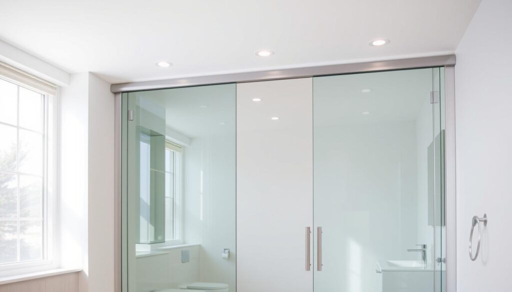 A spacious and well-lit bathroom interior, with a modern glass sliding door system taking center stage. The frameless glass panels glide effortlessly on a sleek metal track, providing a seamless transition between the bathroom and adjoining space. The glass is tempered and tinted, offering both privacy and a touch of elegance. Natural lighting floods the room, creating a bright and airy atmosphere, while discreet recessed lighting in the ceiling casts a warm glow. The bathroom vanity and fixtures complement the minimalist design, showcasing the clean lines and sophisticated style of the glass sliding door. The overall scene conveys a sense of sophisticated and contemporary living.