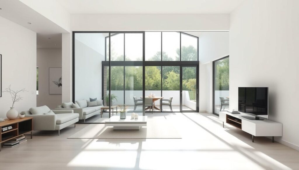 A spacious, bright, and airy living room with a stunning glass sliding door that seamlessly blends the interior and exterior spaces. The sleek, frameless design allows natural light to flood the room, creating a sense of openness and elegance. Sunlight dances across the tempered glass panels, highlighting their smooth, flawless surfaces. The sliding mechanism glides effortlessly, providing a seamless and effortless transition between the indoors and outdoors. The room's minimalist decor complements the glass door's modern aesthetic, creating a harmonious and sophisticated atmosphere that perfectly encapsulates the beauty and functionality of a custom-tailored glass sliding door solution.